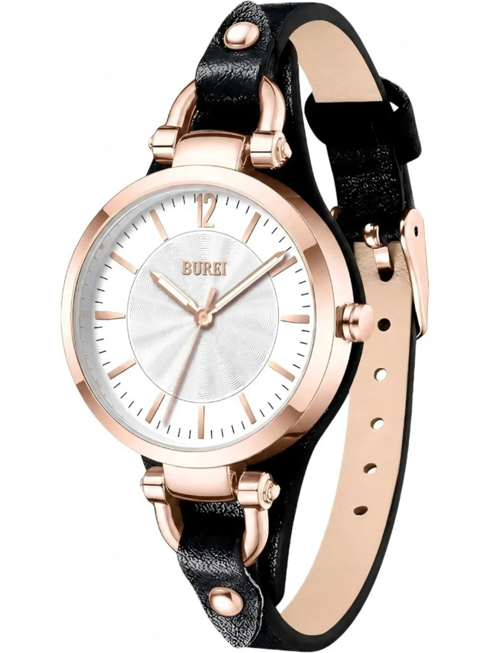 Women's Rose Golden Black Simple Leather Strap Bracelet Band Analog Quartz Watch